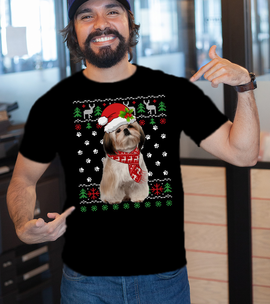 Christmas Shih Tzu Dog Puppy Ugly Sweater Santa Hat Reindeer Scarf T-Shirt