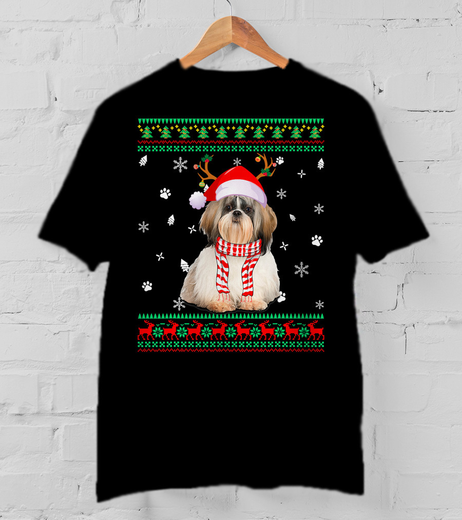Ugly Sweater Christmas Shih Tzu Dog Santa Reindeer Hat Scarf Festive T-Shirt