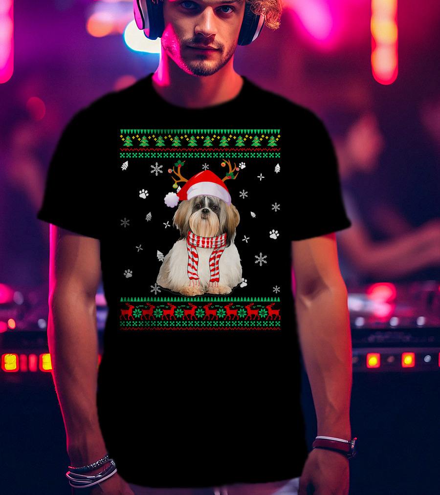 Ugly Sweater Christmas Shih Tzu Dog Santa Reindeer Hat Scarf Festive T-Shirt