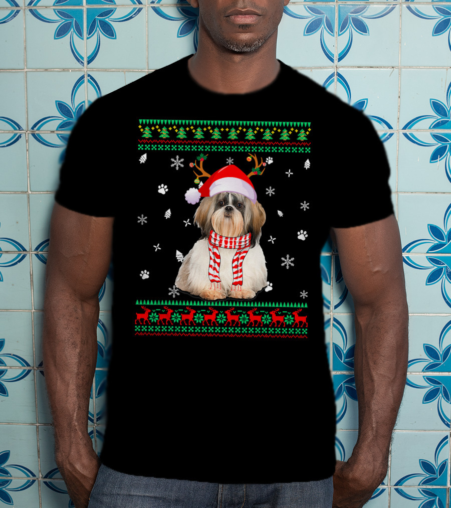 Ugly Sweater Christmas Shih Tzu Dog Santa Reindeer Hat Scarf Festive T-Shirt
