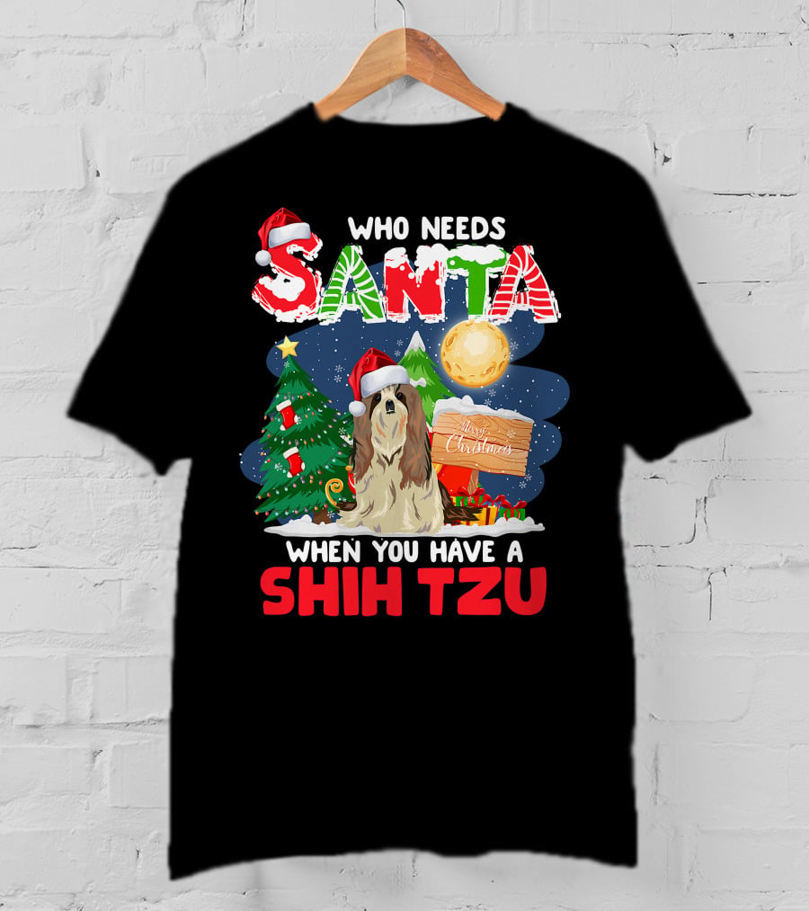 Santa Shih Tzu Merry Christmas Tree Moon Holiday T-Shirt
