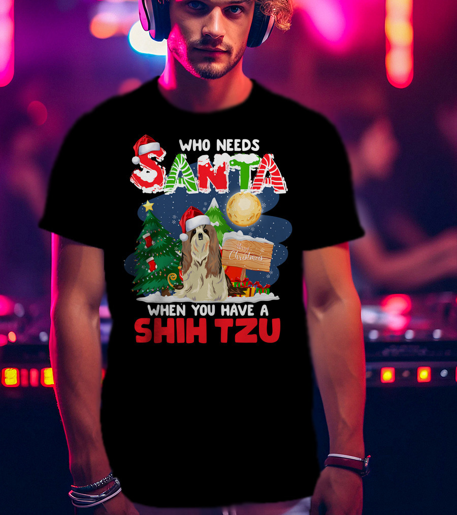 Santa Shih Tzu Merry Christmas Tree Moon Holiday T-Shirt