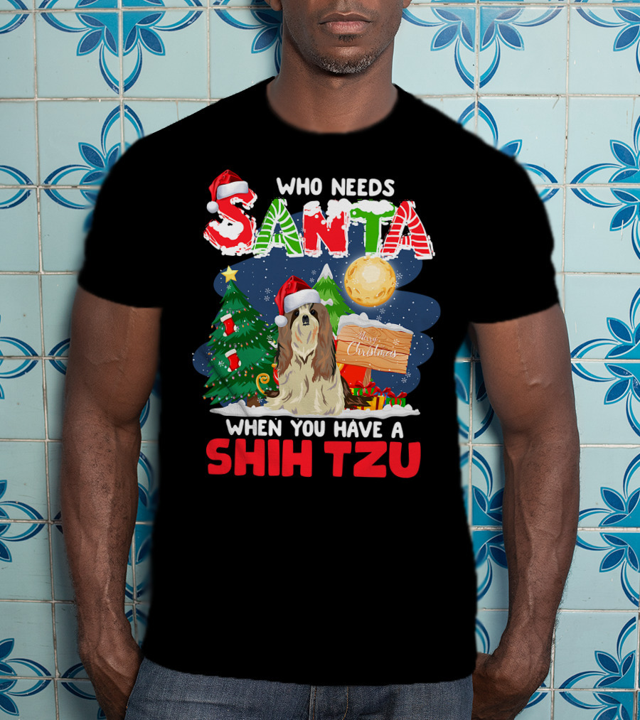 Santa Shih Tzu Merry Christmas Tree Moon Holiday T-Shirt