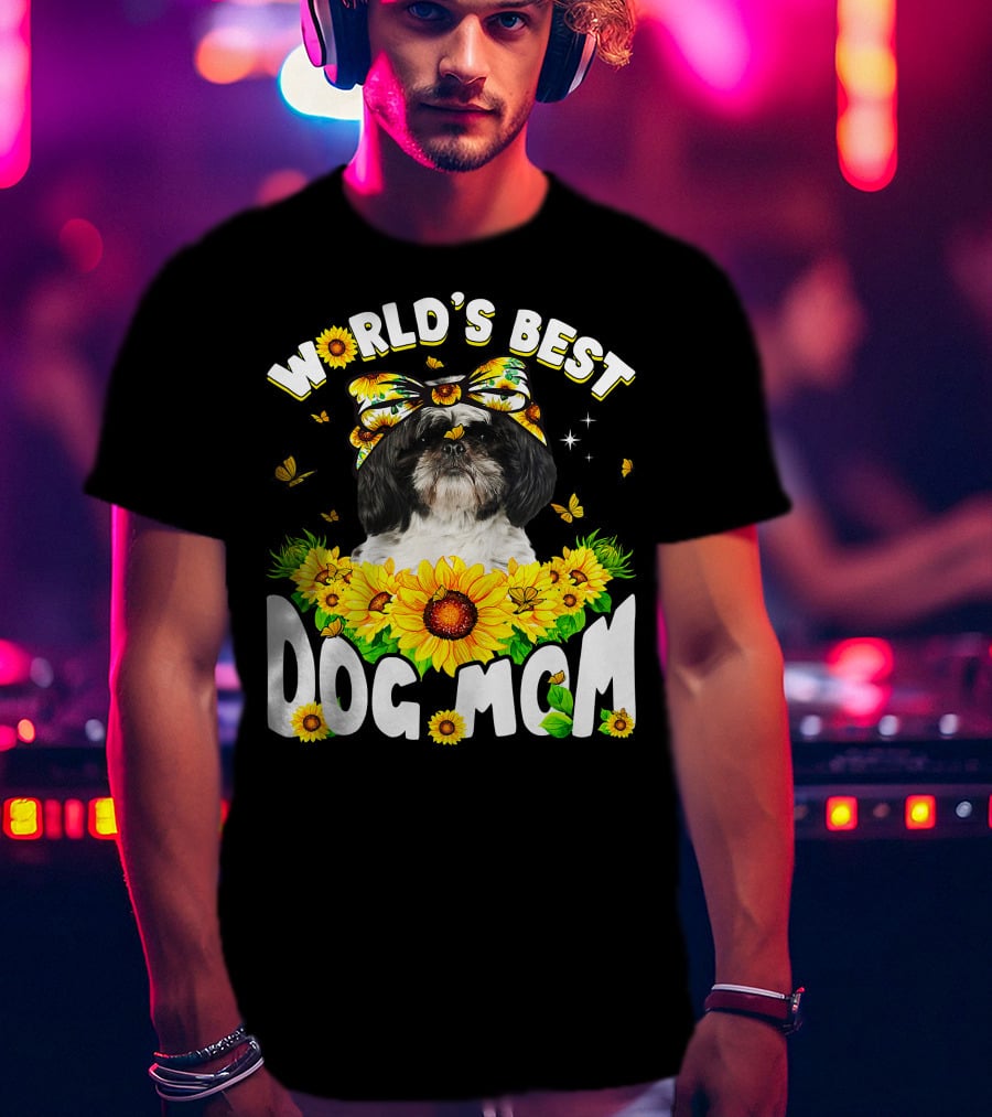 World's Best Shih Tzu Dog Mom Sunflowers And Butterflies T-Shirt