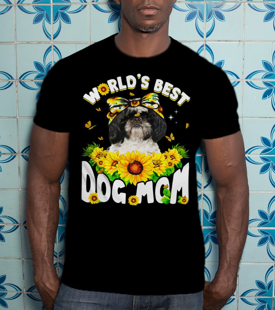 World's Best Shih Tzu Dog Mom Sunflowers And Butterflies T-Shirt