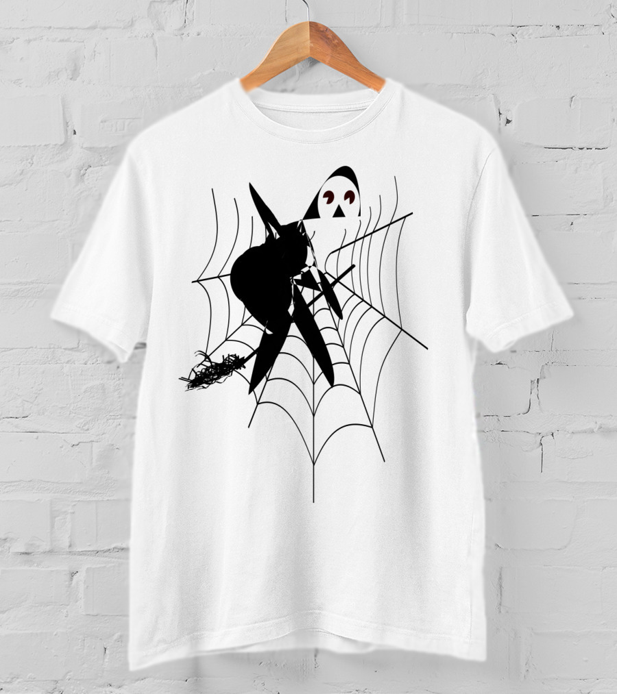 The Witch's House Spiderweb Logo Black Cat And Broomstick Silhouette Halloween T-Shirt