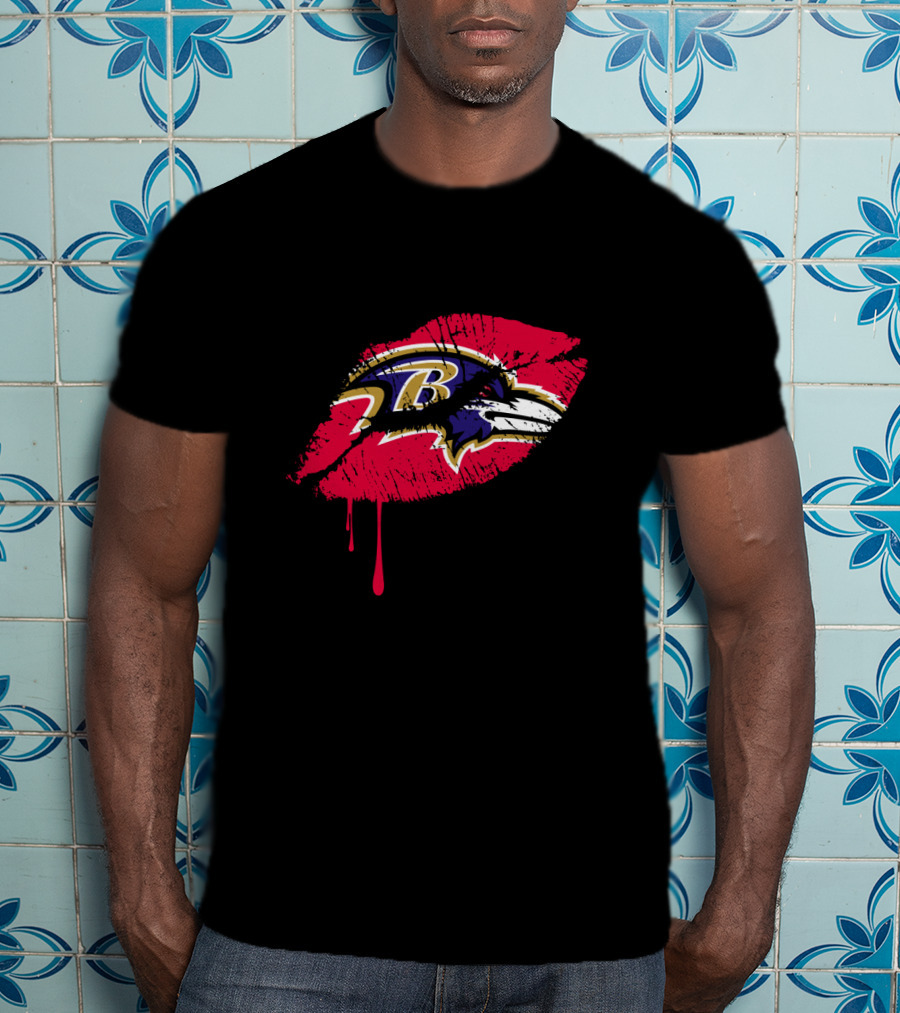 Baltimore Ravens Logo On Red Lip Print T-Shirt