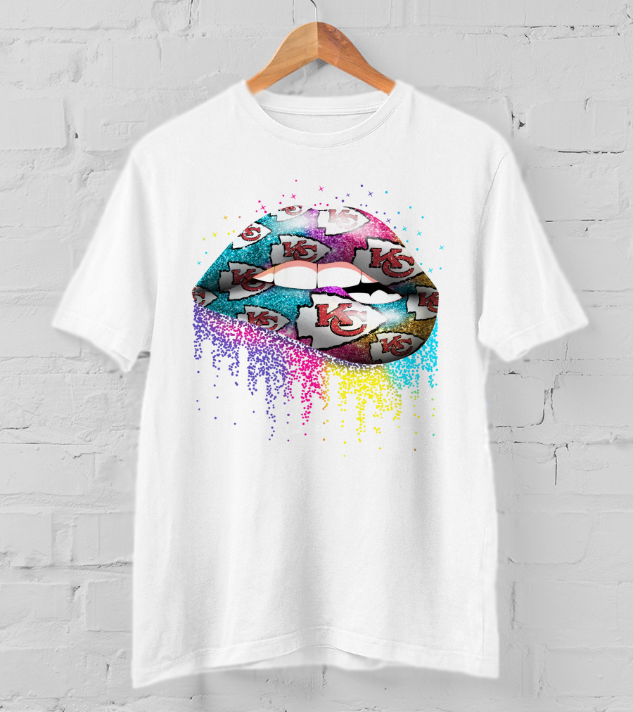 Kansas City Chiefs Glittery Lip Burst With Kc Logos And Sparkling Colors T-Shirt