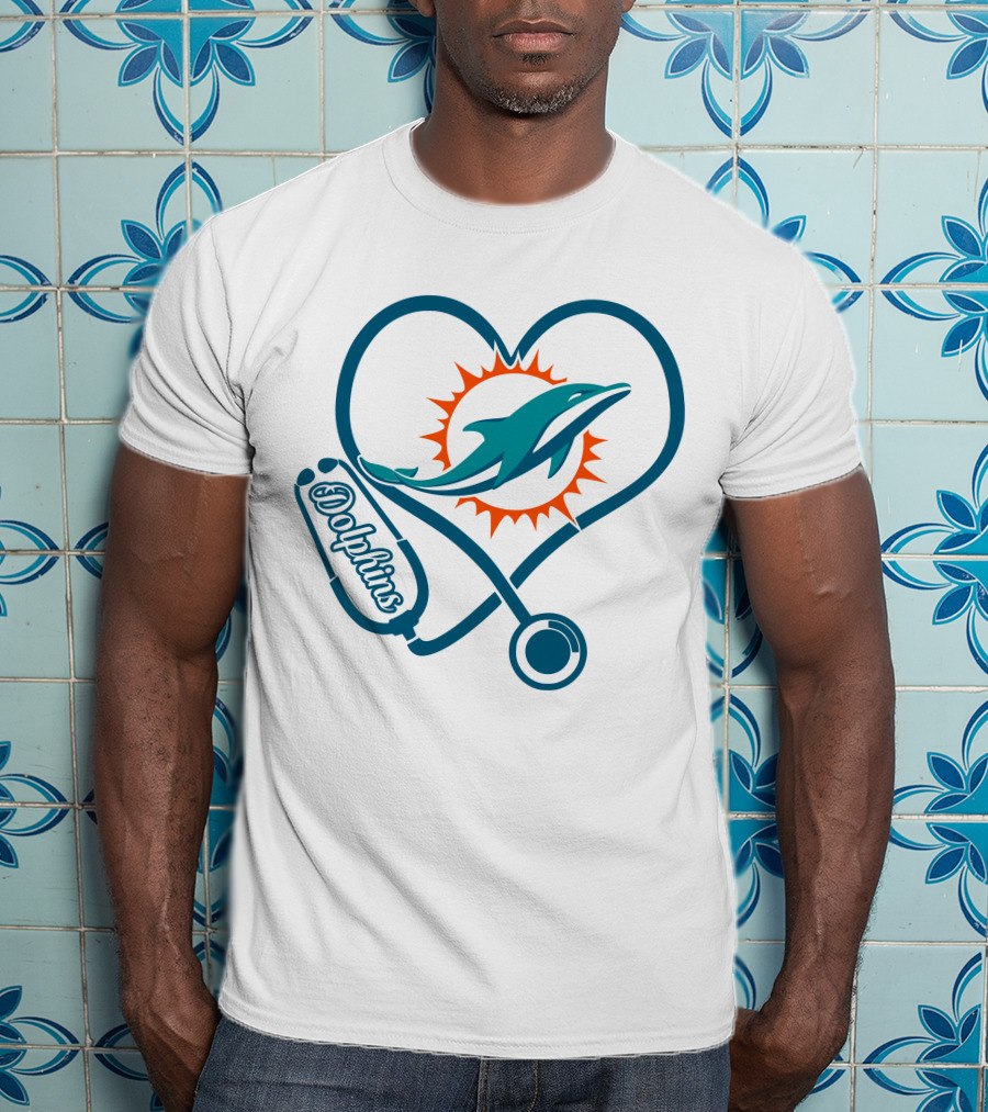 Nurse Heartbeat Miami Dolphins Stethoscope T-Shirt