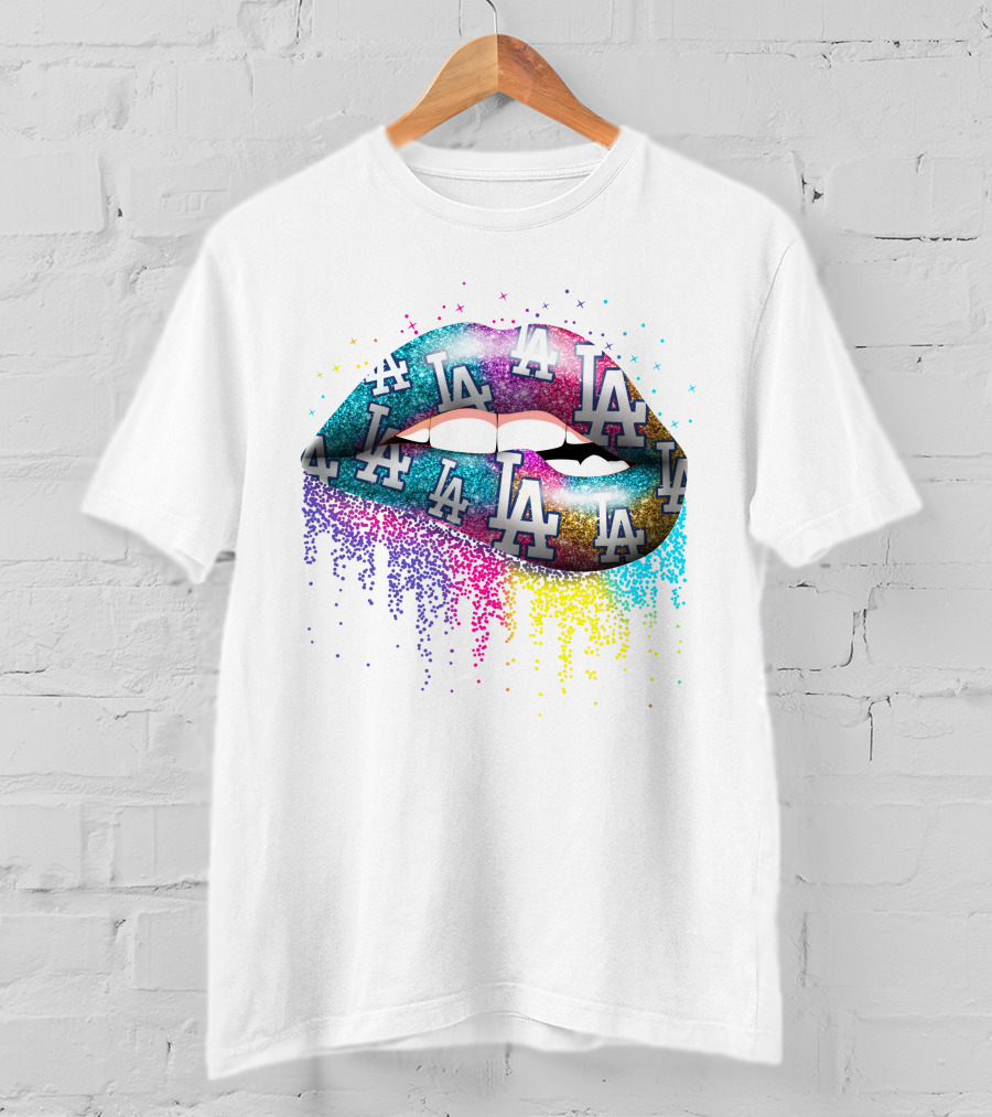 Lips Covered In Los Angeles Dodgers Multicolor La Logos T-Shirt