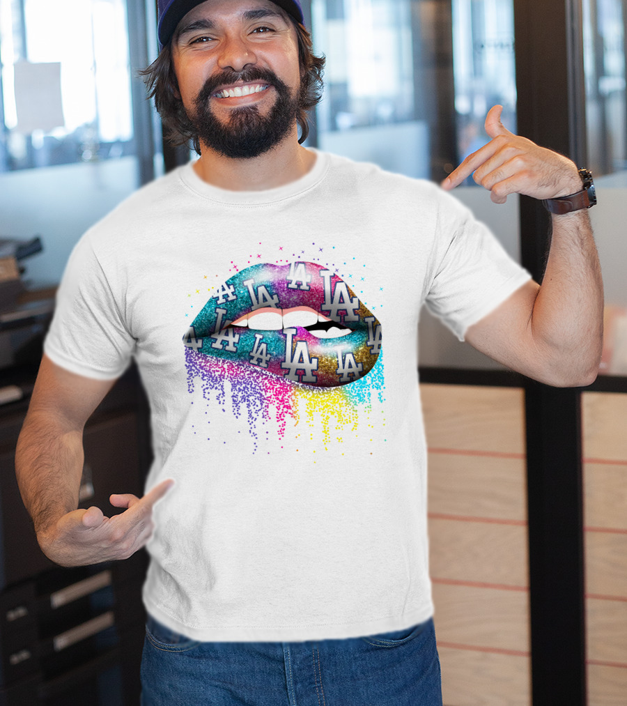Lips Covered In Los Angeles Dodgers Multicolor La Logos T-Shirt